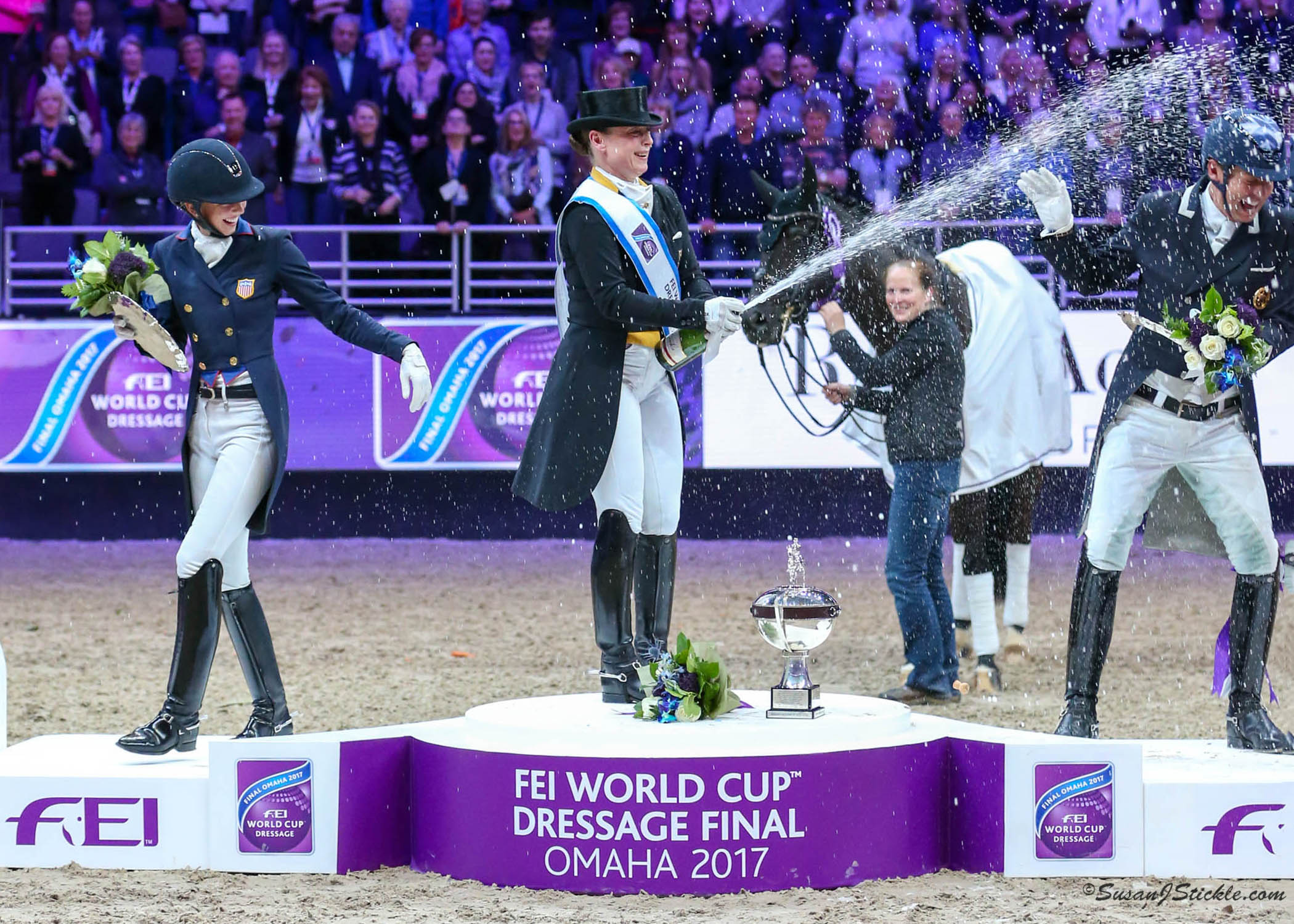 FEI World Cup Finals 2017 Dressage winners with Isabell Werth shooting champagne